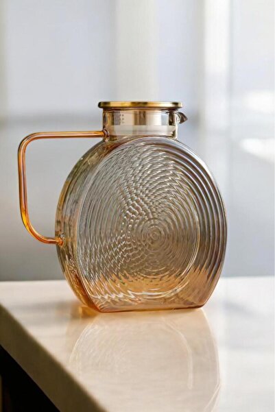 Qerhome Borosilikat Cam Amber Salyangoz Desenli 4 Adet Bardaklı Cam Demlik & Sürahi 2000 Ml