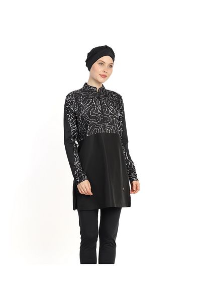 InStyle 4-Piece Zippered Patterned Black Hijab Swimsuit 6203A