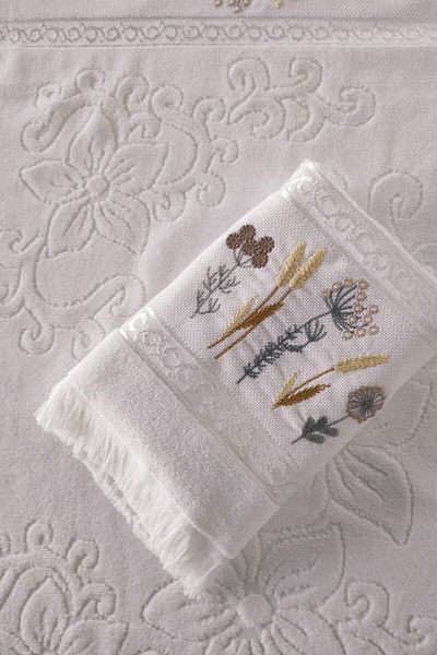 Sevim Prosop de mână din 2 bucăți cu broderie de flori - Prosop de față din catifea jacquard - 100% bumbac - alb