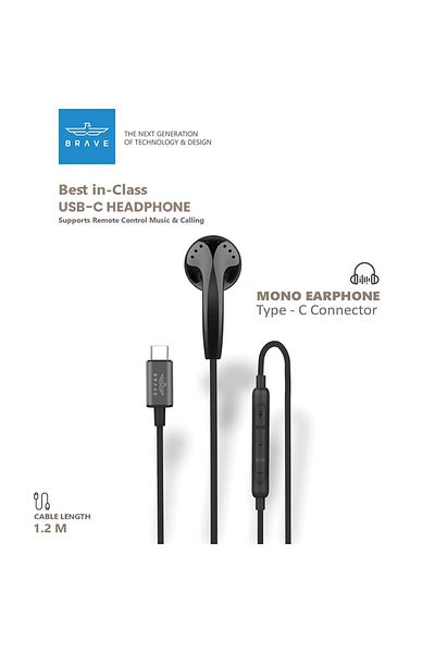 Brave Type-C Headphone with Mic & Volume Control, USB-C Mono Earphone for iPhone, MacBook – Black