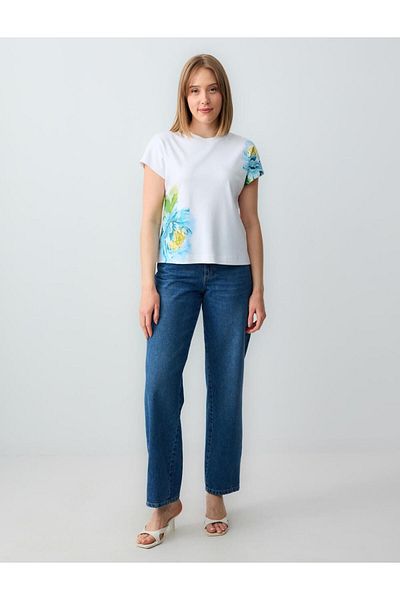 Jimmy Key Ecru Floral Patterned Crew Neck Short Sleeve Cotton Knitted T-Shirt