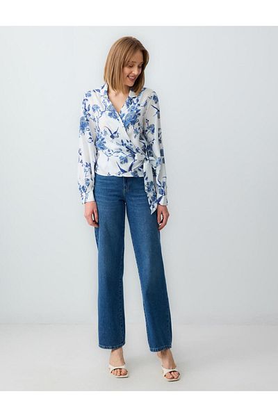 Jimmy Key White Relaxed Cut Long Sleeve Double Breasted Collar Print Blouse
