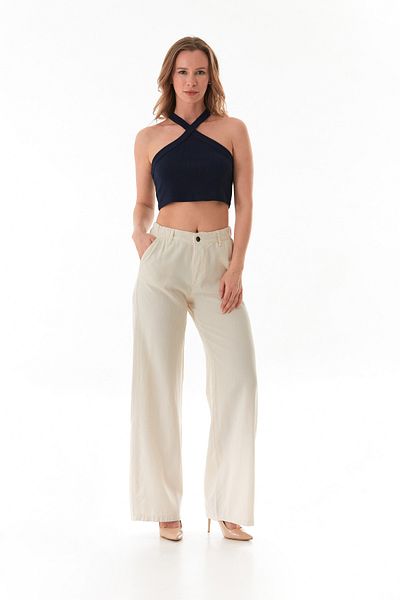 Fulla Moda Elastic Waist Buttoned Fabric Trousers