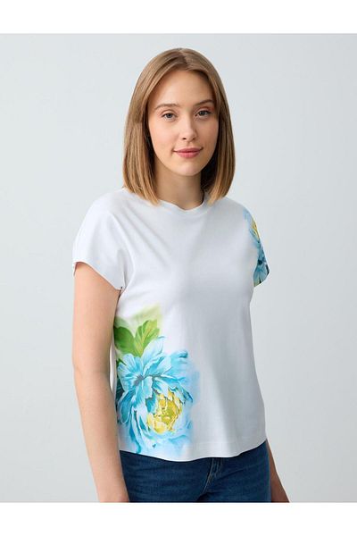 Jimmy Key Ecru Floral Patterned Crew Neck Short Sleeve Cotton Knitted T-Shirt