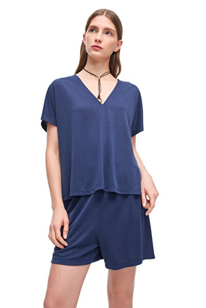 Perspective Синя блуза Dinos Slim Fit з V-подібним вирізом