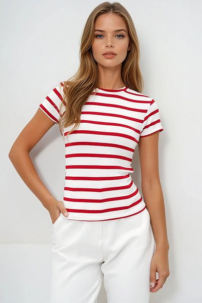 VAGGON Women's Red Crew Neck Half Sleeve Striped Crop Blouse Prmx13348