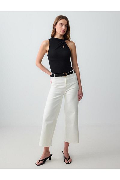Jimmy Key Black Slim Fit Draped Collar Sleeveless Knitted Blouse