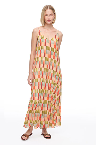 Perspective Çok Renkli Faras Rahat Kalıp Geometrik Uzun Boy Elbise