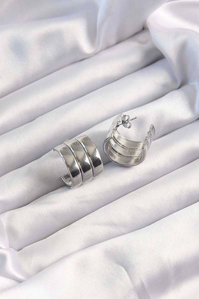 Skygo 316L Steel Silver Color 3 View Convex Model Half Hoop Earrings - Tj-Bkp9490