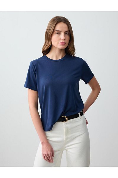 Jimmy Key Navy Blue Crew Neck Short Sleeve Knitted Modal T-Shirt