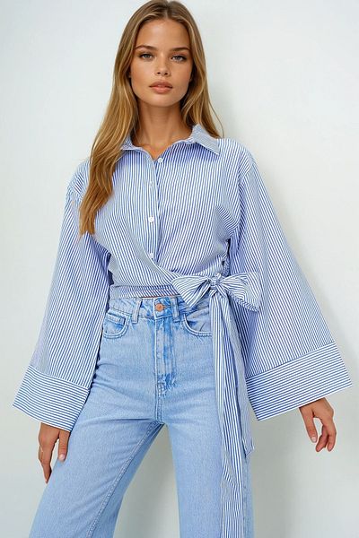 VAGGON Wide Cuff Sleeve Detailed Tie Front Poplin Shirt