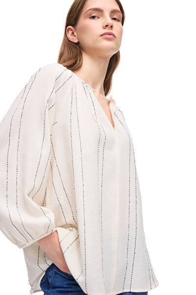 Perspective Light Beige Risas Comfortable Fit Round Neck Striped Blouse