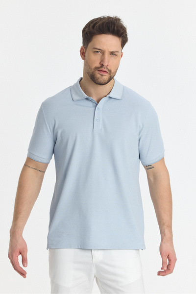Frappoli Ανδρικό μπλουζάκι με γιακά πόλο 100% βαμβακερό ύφασμα Slim Fit, ανοιχτό μπλε, χωρίς μπούκλες