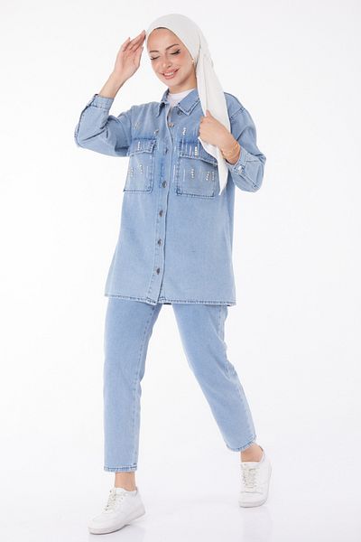 TOFİSA Blue Jewelled Plain Shirt Collar Double Set for Women - 25366