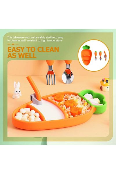 COOYA Silicone Suction Plates Set for Toddlers,with Fork Spoon Straw,3 Tiers Silicone,Orange Carrot