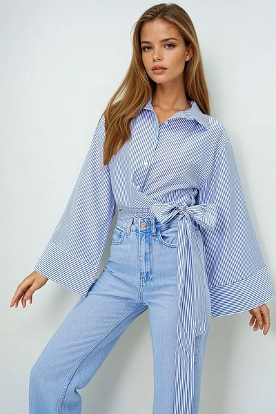 VAGGON Wide Cuff Sleeve Detailed Tie Front Poplin Shirt
