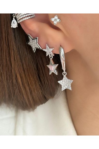 AychaAksesuar Steel Silver Color Zircon Stone Hanging 3-Piece Steel Star Earrings Set