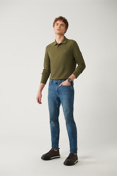 Avva Men's Blue Antique Washed Flexible Jeans Pants E 003512