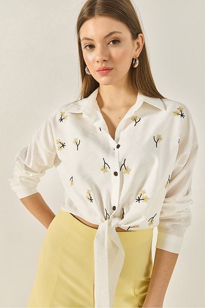 Bianco Lucci Cămașă scurtă din viscoză cu șireturi brodate cu margarete MG6282 60283243