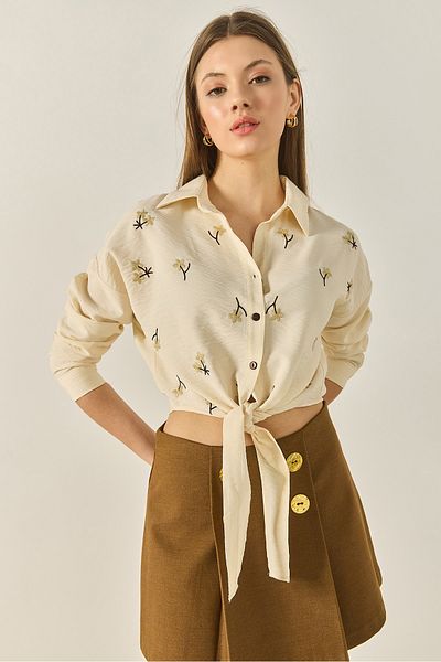 Bianco Lucci Women's Daisy Embroidered Lacing Detailed Short Viscose Shirt Mg6282 60283243