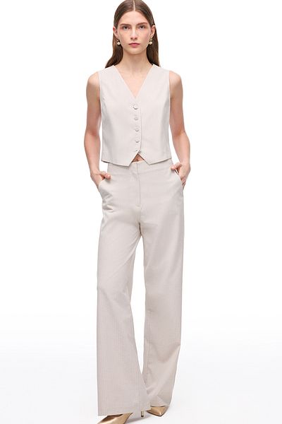 Perspective Beige Anyolite Slim Fit V-Neck Striped Vest