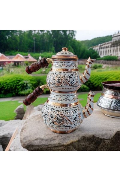 Bakır Center Embroidered Copper Teapot Set for 2 Persons 1.5 Liter White Teapot Copper Teapot Handmade Stylish Dowry