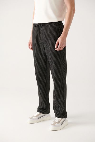 Avva Men's Black Elastic Waist Lace up Striped Stretchy Jogger Pants A31Y3023