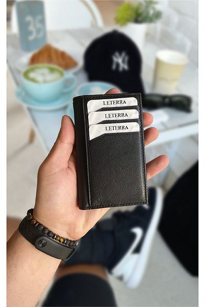 AKING Genuine Leather Black Vertical Snap Card Holder+wallet