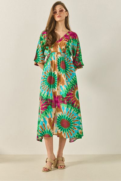 Bianco Lucci Women's Patterned Elastic Waist Wrap Collar Summer Viscose Dress 60283296