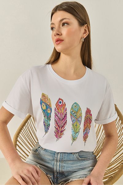 Bianco Lucci Tricou supradimensionat din bumbac, brodat cu margele, cu decolteu, cu pene, 1820 60283285