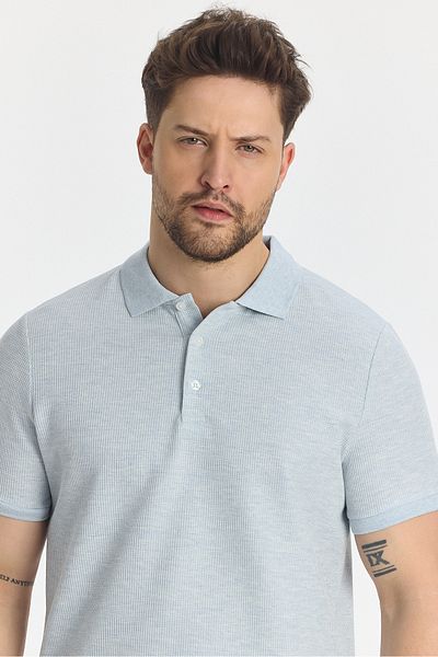 Frappoli Ανδρικό μπλουζάκι με γιακά πόλο μπλε - Lycra, βαμβακερό μείγμα, εφέ μελανζέ, λεπτή εφαρμογή, γιακάς χωρίς μπούκλες