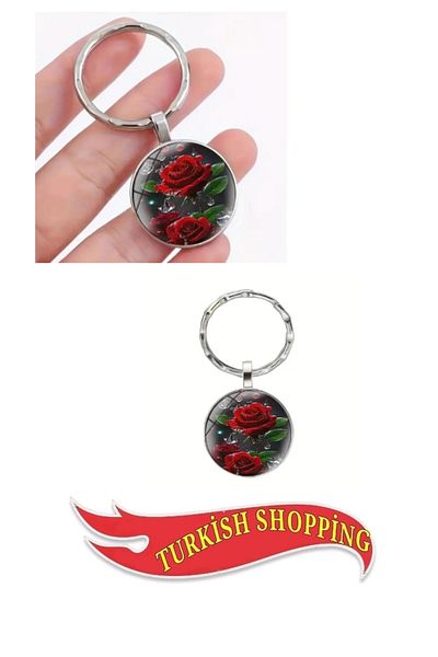 shop Red Rose Patterned Synthetic Stone Metal Glass Round Keychain
