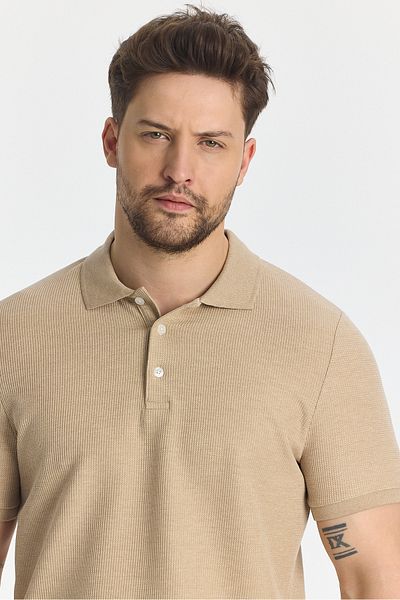 Frappoli Ανδρικό μπλουζάκι με γιακά πόλο Nikol - Camel, Lycra Cotton, Melange Effect, Slim Fit, Πέτο χωρίς μπούκλες
