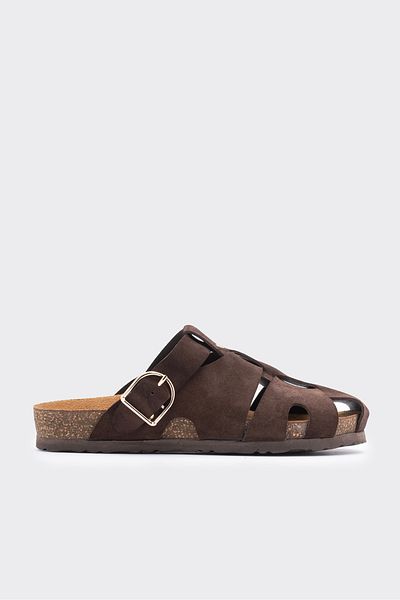 SHOEMARK Odeon Brown Genuine Leather Suede Buckle Women's Slippers