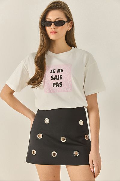 Bianco Lucci Tricou cu mânecă scurtă din bumbac imprimat cu decolteu pentru femei 5447 60283289