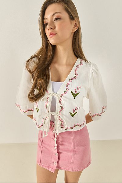 Bianco Lucci Bluză din muselină brodată cu flori pentru femei 1023 60283252