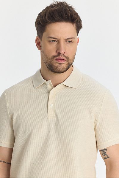 Frappoli Μπεζ Slim Fit Polo Neck T-Shirt - Nikol, Μίγμα βαμβακιού και λύκρας, εφέ μελανζέ