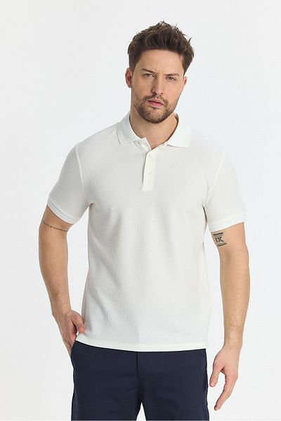 Frappoli Ανδρικό μπλουζάκι Walfer Ecru Lycra Cotton Blended Collar με λεπτομέρεια Slim Fit που δεν κουλουρίζεται με γιακά πόλο