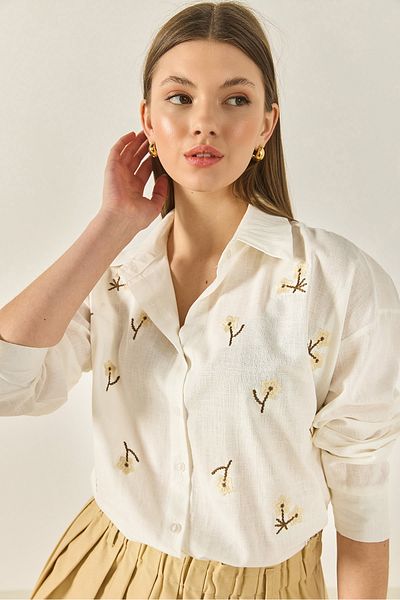 Bianco Lucci Women's Floral Embroidered Cotton Linen Casual Shirt 2095 60283275