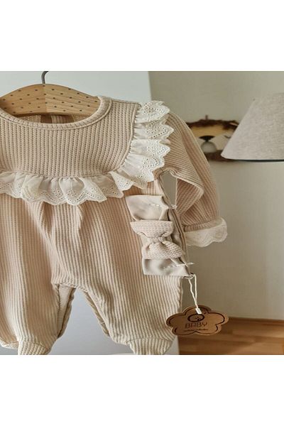 COLORFULLCLİPS Fistolu Waffle Overalls Beige-0-3 months