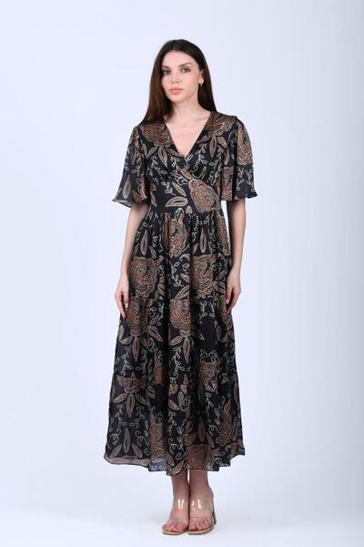 la luce Siyah Desenli V Yaka Elbise - LE539