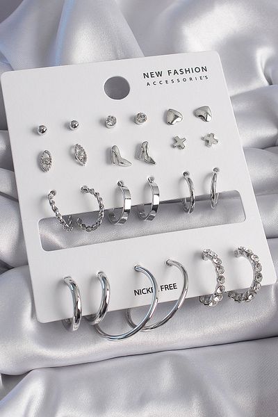 Skygo Brass Silver Color Zircon Stone Detailed 12 Pairs Women's Earring Set - Tj-Bkp9683