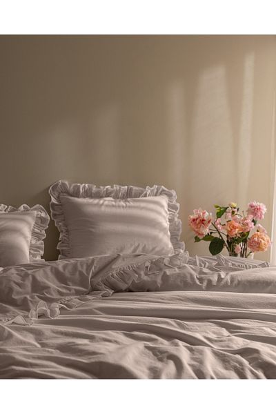 Madame Coco Obernai Single 100% Cotton Frilly Plain Washed Duvet Cover Set - Beige