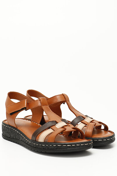 GÖNDERİ(R) Women / Girls Tabaya Cream Brown Genuine Leather Wedge Sandals 45712