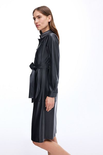 Perspective Dark Regular Fit Below Knee Length Sleeve Shirt Collar Black Dress