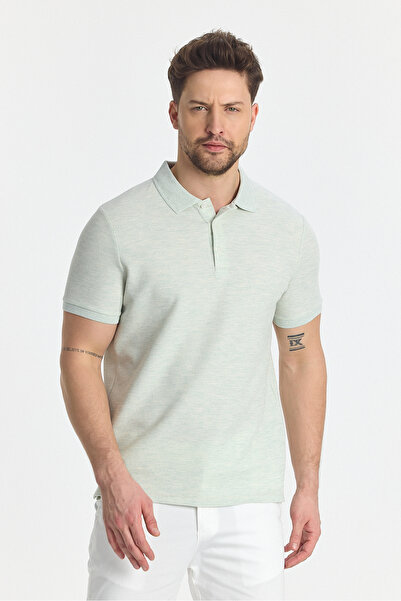 Frappoli Nikol Men's Polo Neck T-Shirt - Mint, Lycra Cotton, Slim Fit, Melange Effect, Anti-Curling Collar