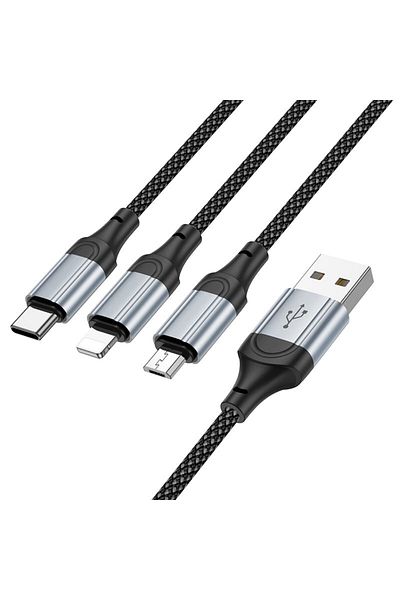 REDz Accessories Cablu cu 3 capete, Hoco X102 Fresh, 1m, mufă USB la 3 conectori, 2.4A, textil împletit, negru