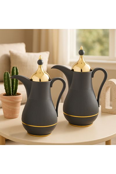 Alaska Alaska Dallah Thermos Set, 2 Pieces, Grey with Gold, 1 Liter Capacity