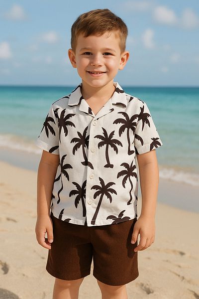 TRENDİMİZBİR Boys Brown Palm Print Short Sleeve Shirt and Shorts Set – Summer Bottom Tops Set