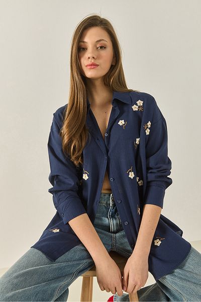 Bianco Lucci Women's Floral Embroidered Cotton Linen Casual Shirt 2095 60283275